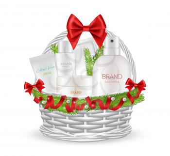 Holiday gift. Realistic christmas basket with different cosmetics bottles. Skin care products in new year packaging vector illustration. Basket cosmetic gift, set packaging perfume and cream