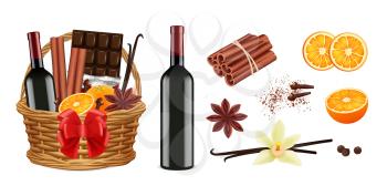 Mulled wine pack. Realistic christmas basket with wine cinnamon vanilla oranges. Isolated holiday gift vector illustration. Wine and alcohol, christmas basket drink and sweets