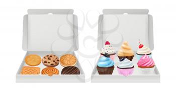 Realistic cupcakes and cookies. Biscuits muffins packaging, creamy and chocolate bakery products in white box vector illustration. Cupcake and bakery in box to birthday celebration