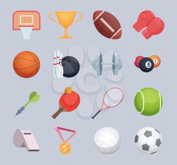 Sport equipment. Balls hockey or golf stick fitness exercise equipment rackets vector cartoon illustration. Basketball and volleyball, bowling or rugby