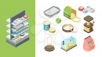 Pets shop. Products for animals balls toys food dogs cats fishes items vector isometric collection. Accessory for pet, nutrition and product, equipment and shampoo illustration