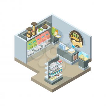 Pets shop interior. Isometric shopping house for domestic pets animals different products on store shelves vector building. Pet store and shop for domestic animal illustration