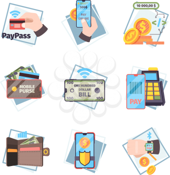Online payment icons. Nfc innovative mobile transaction internet banking cards money vector concept flat pictures. Illustration contactless transfer, pay processing transaction