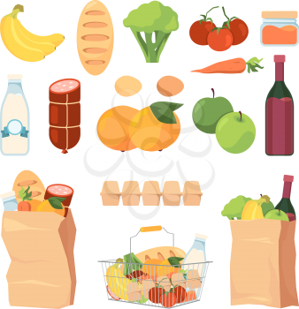 Product bags. Shopping carts with different grocery food healthy fruits milk eat bread ingredients for cuisine vector pack collection. Bread and fruit, milk and apple, tomato vegetable illustration