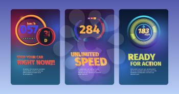 Speed banners. Racing cars abstract illustrations with speedometers and fuel indicators dashboard vector colored backgrounds. Illustration measurement speeding, dashboard meter unlimited