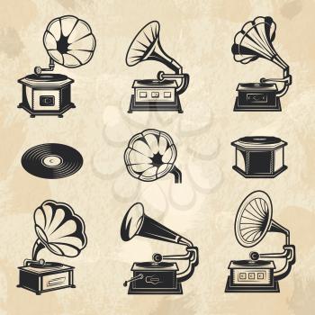 Gramophones collection. Vintage radio music symbols vinyl records vector pictures set. Illustration gramophone collection, record sound