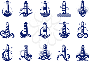 Lighthouse badges. Nautical marine travel business logos vector collection. Lighthouse tower near coast, sea travel beacon illustration