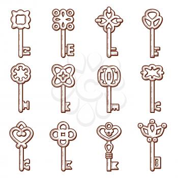 Keys icon. Silhouettes of keys and locks old victorian style vector elegant logo collection. Key lock symbol, house security safety illustration