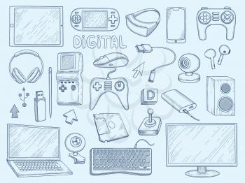 Computer devices. Electronic gadgets tablet smartphone pc laptop display screen photo camera vector hand drawn illustrations. Device computer and laptop, smartphone and game controller