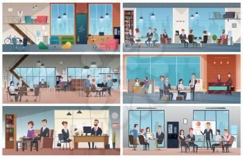 Business offices. Professional business interiors working open space managers talking sitting walking vector background. Office professional interior, manager at workplace illustration