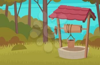 Forest water well. Construction country wood vector wellness cartoon background. Well source nature landscape, tree and grass illustration environment