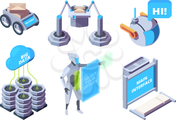 Smart industry. Robotic processes automotive machinery manufacturing vector plant isometric set. Industry factory, modern manufacturing equipment illustration