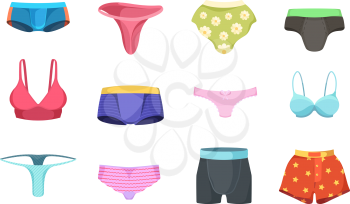 Underwear fashioned. Male underpants female panties boys and girls clothes lingerie vector set. Underwear fashion pants, clothing bikini accessories illustration