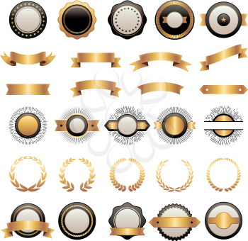 Badges kit. Premium logotypes collection shields ribbons various shapes geometrical forms vector templates for labels design project. Premium decoration company, typography product illustration