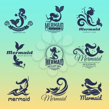 Mermaid logo. Marine swim fairytale women ocean symbols vector badges collection. Illustration girl fish underwater, isolated set for spa resort