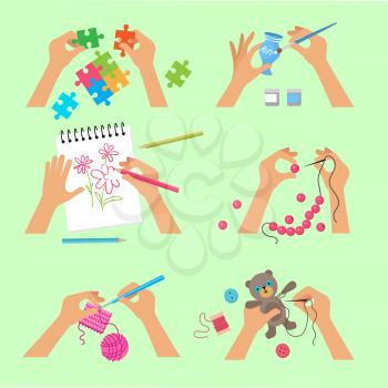 Hands craft. Handy workshop scrapbook project kids hands activity knitting embroidery drawing cutting with scissors vector top view pictures. Illustration sewing and craft, needlework workshop