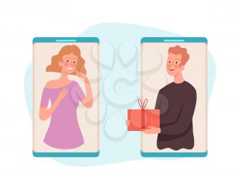 People with gift. Man gives box woman, online present service vector illustration. Gift box online, woman surprise, birthday party