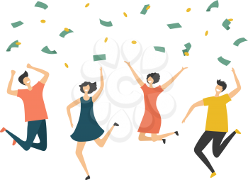 Happy people under money rain. Jumping man woman, profit or lottery win vector illustration. Finance success, rich and lucky rain profit