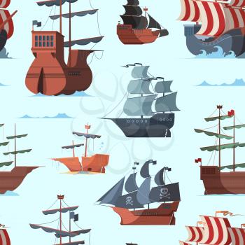 Pirate ship pattern. Old shipping boat adventure concept seamless vector background. Sea boat travel wallpaper, marine vintage pirate brigantine design illustration