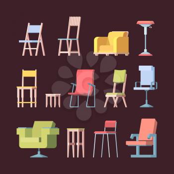 Chairs collection. Front view elegant furniture for home modern style vector pictures. Illustration furniture chair, armchair for home and office