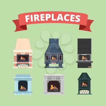 Fireplace. Retro gas stove flame decoration in interior vector flat pictures fireplaces. Stove with fire, interior classic fireplac collection illustration