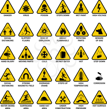 Triangle warning sign. Danger symbols safety emergency electrical hazard vector collection. Illustration yellow caution icon, social distancing and flammable