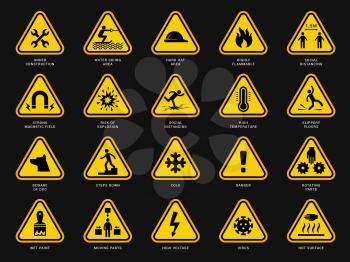 Yellow warning symbols. Triangle signs with danger symbols attention camera electrical hazard vector templates. Safety risk, yellow icon hazard and caution illustration