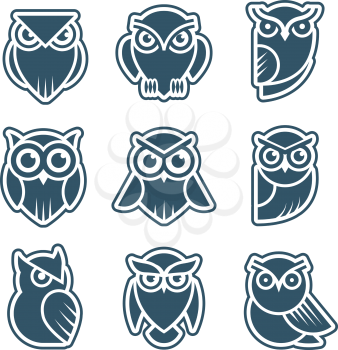 Owl logo. Stylized wild animal symbols bird face with feathers vector modern identity templates. Owl animal, wild symbol stylized for tattoo graphic illustration