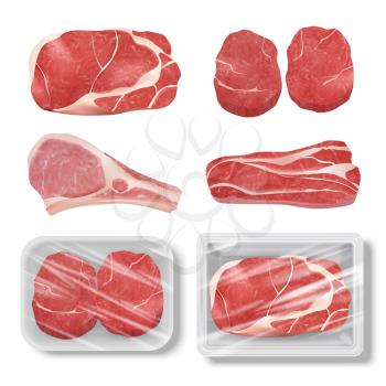 Realistic meat. Cow chicken pork steak grill food beef raw vector illustrations set. Beef steak raw, bbq bacon pork