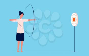 Target goal. Business woman shooting with bow and arrow, successful lady. Girl investor or project manager vector character. Arrow and target, lady success illustration