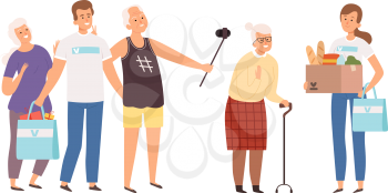 Volunteers in senior house. Happy old and young people. Man woman with gifts and donations for elderly vector illustration. Home senior, assistance volunteer elderly, volunteering support