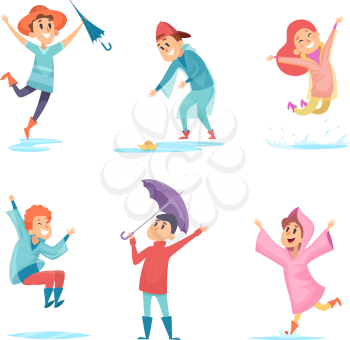 Happy rainy kids. Water season characters playing in wet environment jumping in puddles vector children. Kid wet under rain, funny walk rainfall in rubber boots illustration
