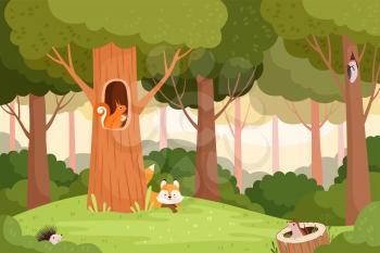 Forest landscape. Trees with holes for wild animals house in wooden trunk for birds squirrels fox vector cartoon background. Landscape forest with animal, outdoor wild scenery illustration