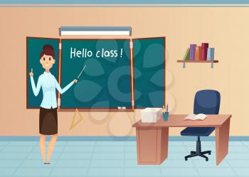 Back to school. Teacher at blackboard. Happy cartoon woman in classroom vector illustration. School teacher study, character next chalkboard