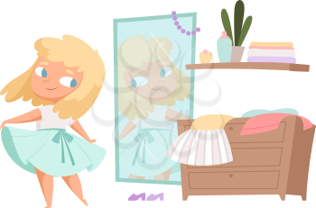Girl trying on dress. Little child looks in mirror, baby changes clothes. Cartoon isolated fashion female vector illustration. Blonde teen look at mirror, morning clothing decision