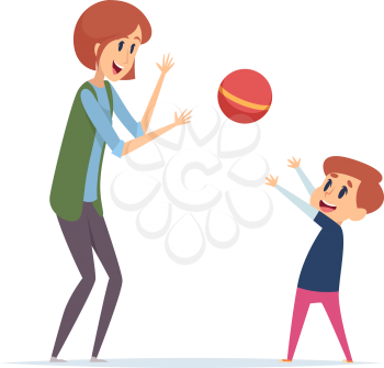 Woman play with boy. Outdoor active games with ball, nanny or mother and son spend time together. Happy cartoon players vector illustration. Mother and boy play with ball, woman and kid activity