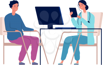 Medical consultation. Doctor and patient, man on appointment in hospital. Isolated virus protection, treatment or disease diagnostic vector illustration. Medical patient consultation doctor