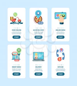 Order food onboard banner. Smartphone landing pages templates business delivery food from restaurant cuisine vector app design. Banner mobile online, delivery package fast food illustration