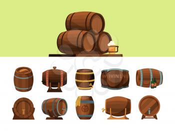 Barrels. Wooden cartoon barrel for alcohol production packages for wine an beer vector pirate symbols. Illustration barrel cartoon, cask for wine or beer
