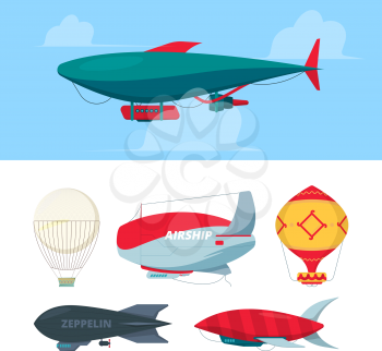 Airship. Flying balloons dirigible zeppelin for travellers freedom symbols air transport vector illustrations. Air dirigible and balloon, airship in sky, aircraft flying