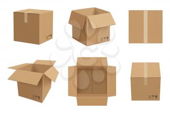 Box mockup. Open and closed cardboard package vector realistic template. Illustration realistic cardboard and packaging empty