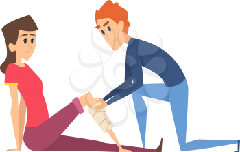Leg injury. Woman with bandage, man help young girl. First aid surgery, male nurse and patient vector illustration. Injured leg, medicine broken accident