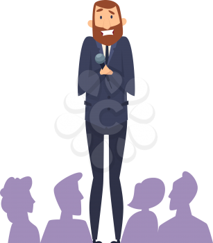 Public speaking fear. Man with microphone in front of audience. Frightened male with phobia speaks from stage vector illustration. Public speech at audience, anxiety and glossophobia