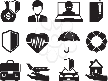 Insurance silhouettes. Protective life property disaster home travel or business insurance icon collection. Black and white insurance icons set, security and protect illustration