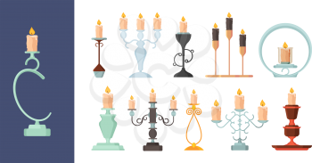 Candlestick. Burning fire on candle holder vintage metal candelabrum ancient decoration vector collection. Illustration candlelight illuminate, melting candle collection