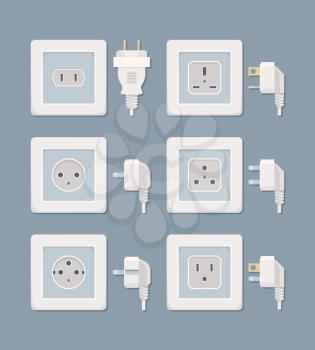 Electric plug. Electricity collection american and european plugged wall socket vector flat pictures. Plug electric, electricity power energy, collection socket illustration