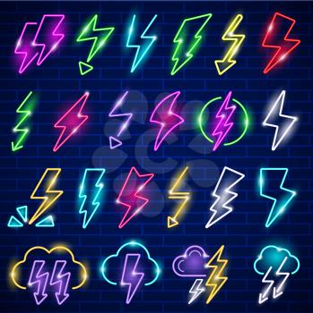 Glow neon lightning. Led panel flashes thunder lightning vector icon. Illustration glow thunder panel entertainment icon, billboard lightning symbol