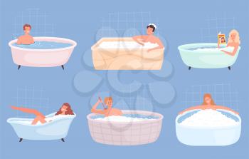 People bathing. Happy persons male and female washing body and relaxing in bathtub vector characters. Person people washing in bath illustration