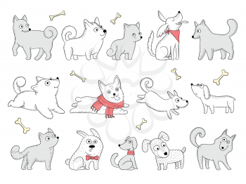 Funny dogs. Domestic puppy characters in action poses sitting jumping playing vector animals. Domestic dog pose, funny puppy breed illustration
