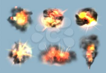 Dynamite exploded effects. Realistic bomb explosion with fire and smoke clouds vector collection. Dynamite bang and boom, energy explosion illustration animation